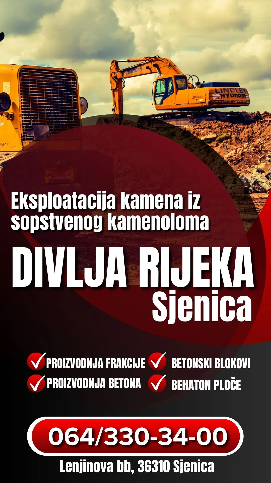 Eksploatacija kamena iz sopstvenog kamenoloma Sjenica Divlja Rijeka doo
