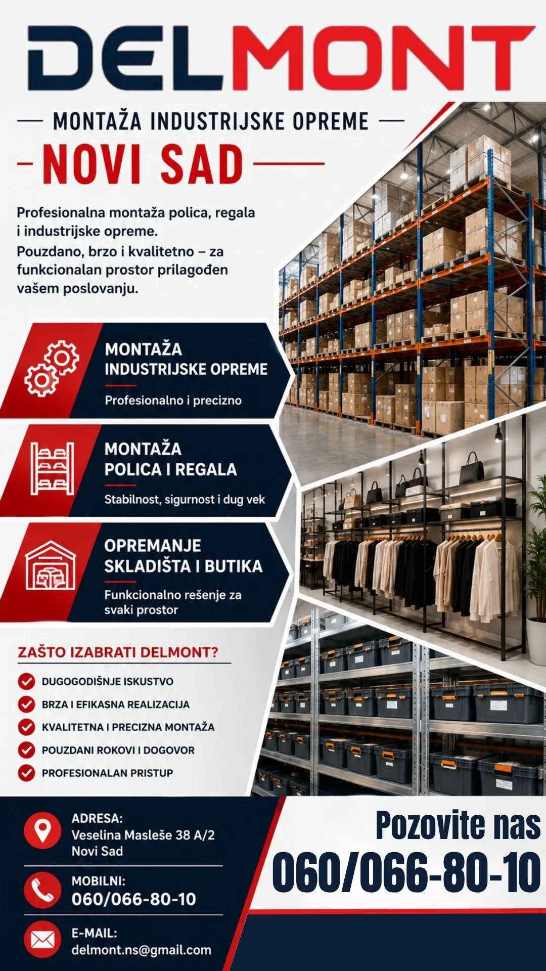 Profesionalna montaža industrijske opreme, polica i regala Delmont
