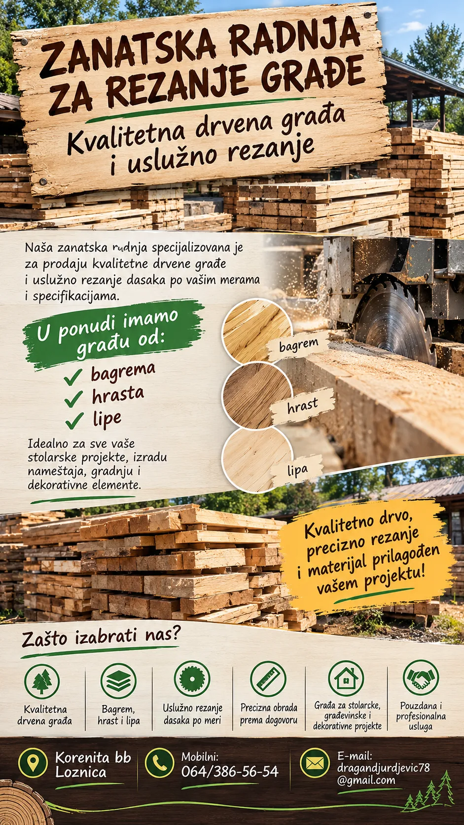 Uslužno rezanje gradje po meri Loznica Korenita